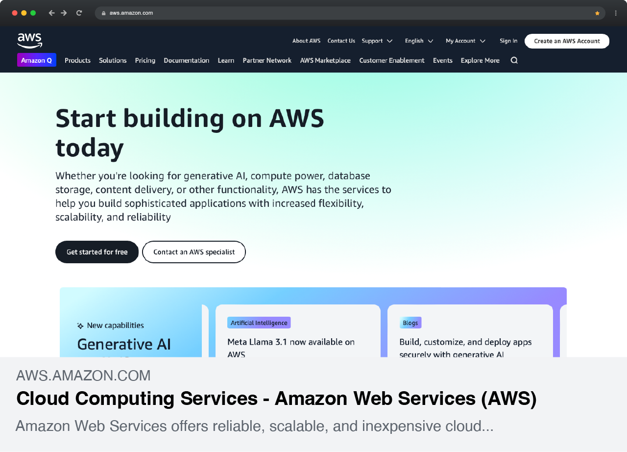 Amazon{Web Services homepage after Open Graph Image